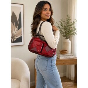 Isaac Mizrahi Red Patchwork Leather Suede Shoulder Bag Croc Embossed Satchel